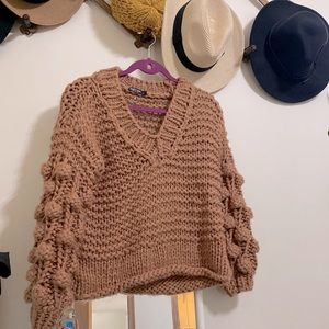 Knit On V-Neck Pom Pom Jumper